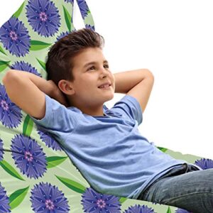 lunarable gardening lounger chair bag, vibrant color cornflowers and nature green pointy leaves, high capacity storage with handle container, lounger size, pale green violet blue