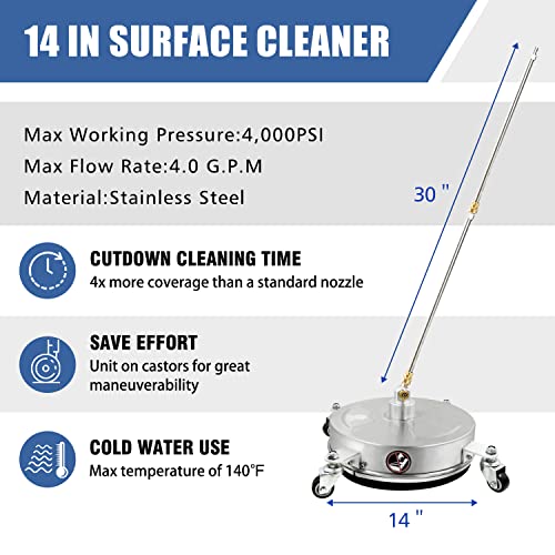 janz 14" Pressure Washer Surface Cleaner with 4 Wheels, Stainless Steel Housing, 1/4" Quick Plug, 2 Extension Wands, 2 Replacement Nozzles and 3 Spray Nozzles, 4000 PSI