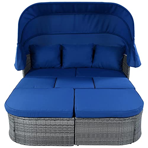 Merax Outdoor Patio Rattan Daybed Sunbed with Retractable Canopy, Sectional Conversation Sofa Set for Backyard and Porch, Blue