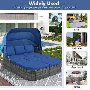 Merax Outdoor Patio Rattan Daybed Sunbed with Retractable Canopy, Sectional Conversation Sofa Set for Backyard and Porch, Blue