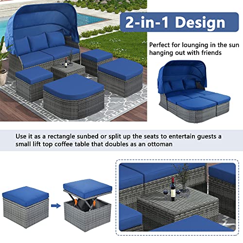 Merax Outdoor Patio Rattan Daybed Sunbed with Retractable Canopy, Sectional Conversation Sofa Set for Backyard and Porch, Blue