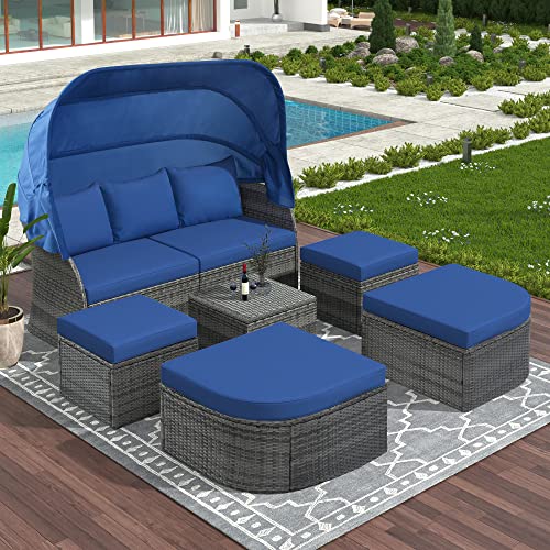 Merax Outdoor Patio Rattan Daybed Sunbed with Retractable Canopy, Sectional Conversation Sofa Set for Backyard and Porch, Blue