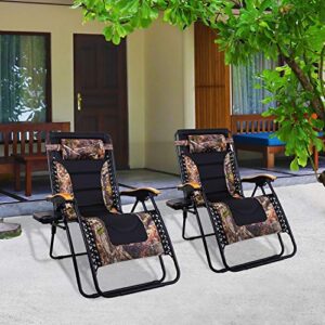 MFSTUDIO Oversized Zero Gravity Chair XL Patio Recliners Padded Folding Chair with Cup Holder, Extra Wide Chaise Lounge for Poolside Outdoor Yard Beach, Set of 2 - Camouflage