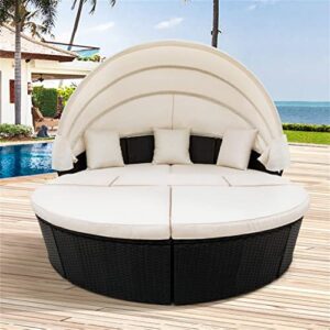 QUUL Rattan Daybed Sunbed Outdoor with Retractable Canopy Wicker Furniture, Round Outdoor Sectional Sofa Set, Black