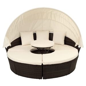 quul patio furniture round outdoor sectional sofa set rattan daybed sunbed with retractable canopy, separate seating