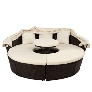 QUUL Patio Furniture Round Outdoor Sectional Sofa Set Rattan Daybed Sunbed with Retractable Canopy, Separate Seating