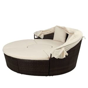 QUUL Patio Furniture Round Outdoor Sectional Sofa Set Rattan Daybed Sunbed with Retractable Canopy, Separate Seating