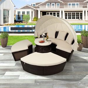 QUUL Patio Furniture Round Outdoor Sectional Sofa Set Rattan Daybed Sunbed with Retractable Canopy, Separate Seating