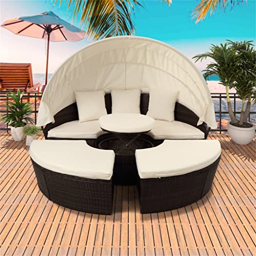 QUUL Patio Furniture Round Outdoor Sectional Sofa Set Rattan Daybed Sunbed with Retractable Canopy, Separate Seating