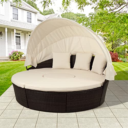 QUUL Patio Furniture Round Outdoor Sectional Sofa Set Rattan Daybed Sunbed with Retractable Canopy, Separate Seating