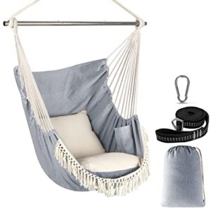 chihee hammock chair hanging seat 2 pillows included,durable stainless steel spreader bar portable hanging chair side pocket large macrame chair set quality cotton weave for comfort indoor outdoor