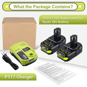 2Pack 3.0Ah P108 P102 Replacement for Ryobi Battery 18V Lithium + P117 Charger for Ryobi 18v Lithium Battery 18V P108 P107 P104 P105 P102 P103 Charger with 260051002 P117 P118 P119 P113 BCL1418