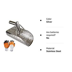 Sand Scoop for Metal Detecting, Stainless Steel with Hexahedron 10mm Holes for Beach Treasure Hunting + Gloves