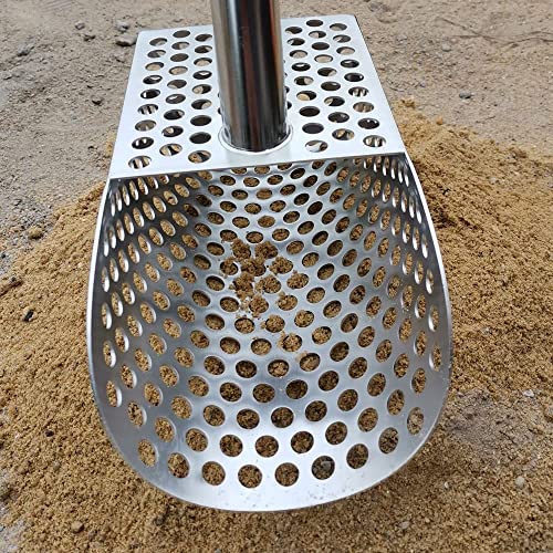 Sand Scoop for Metal Detecting, Stainless Steel with Hexahedron 10mm Holes for Beach Treasure Hunting + Gloves