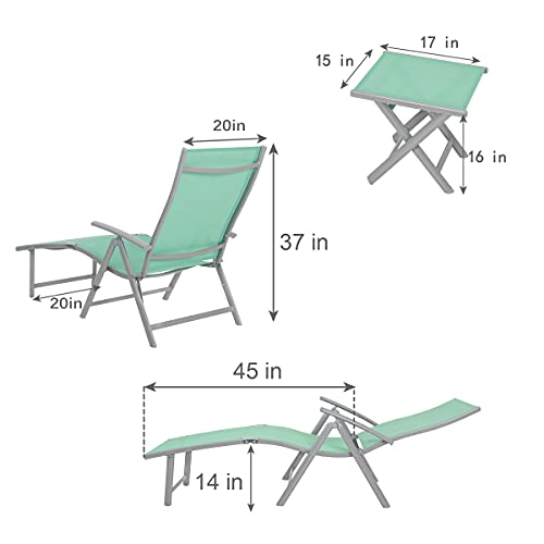 VredHom 3PCS Patio Chaise Lounge & Side Table Set, Outdoor Lounge Chair with End Table Recliner with 8-Positions Adjustable Backrest & Foldable Footrest,Green Textliene & Grey Aluminum Frame