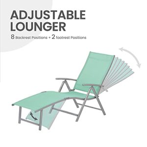 VredHom 3PCS Patio Chaise Lounge & Side Table Set, Outdoor Lounge Chair with End Table Recliner with 8-Positions Adjustable Backrest & Foldable Footrest,Green Textliene & Grey Aluminum Frame