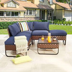 Romayard Outdoor Wicker Ottoman Patio Footstool Rattan Furniture Coffee Table All Weather Foot stools Seat with Cushion