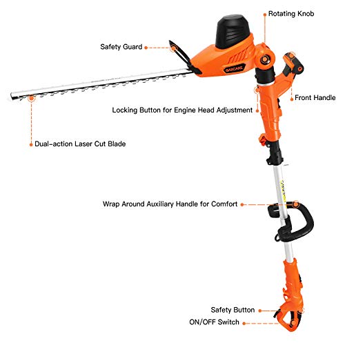 GARCARE 2 in 1 Electric Hedge Trimmers, Corded 4.8A Pole Hedge Trimmer Set with 20 inch Laser Cut Blade