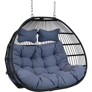 Sunnydaze Liza Loveseat Egg Chair with Cushions - Comfy Bohemian-Style Decorative Outdoor Living Collapsible Chair - Gray Polyester Cushions with Black Wicker Rattan Frame - 43 Inches Tall