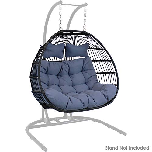 Sunnydaze Liza Loveseat Egg Chair with Cushions - Comfy Bohemian-Style Decorative Outdoor Living Collapsible Chair - Gray Polyester Cushions with Black Wicker Rattan Frame - 43 Inches Tall