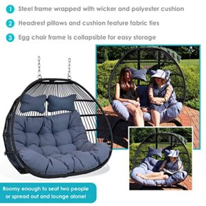 Sunnydaze Liza Loveseat Egg Chair with Cushions - Comfy Bohemian-Style Decorative Outdoor Living Collapsible Chair - Gray Polyester Cushions with Black Wicker Rattan Frame - 43 Inches Tall