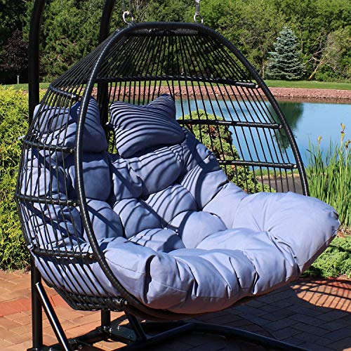 Sunnydaze Liza Loveseat Egg Chair with Cushions - Comfy Bohemian-Style Decorative Outdoor Living Collapsible Chair - Gray Polyester Cushions with Black Wicker Rattan Frame - 43 Inches Tall