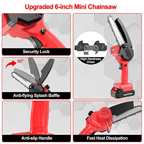 HAJACK Mini Chainsaw 6-Inch, Cordless Saw with 3 Chains, 2 Batteries & A Charger, Electric Battery Chainsaw, Hand Held Power Chain Saws for Tree Trimming & Wood Cutting, Small Rechargeable Chain Saw