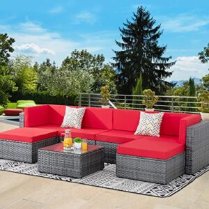 walsunny 7pcs patio outdoor furniture sets,low back all-weather silver gray rattan sectional sofa with tea table&washable couch cushions&ottoman,red