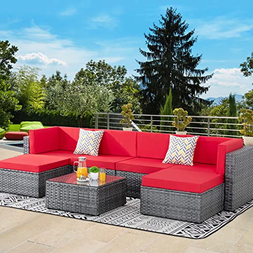 Walsunny 7pcs Patio Outdoor Furniture Sets,Low Back All-Weather Silver Gray Rattan Sectional Sofa with Tea Table&Washable Couch Cushions&Ottoman,Red