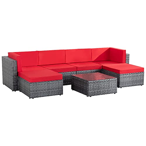 Walsunny 7pcs Patio Outdoor Furniture Sets,Low Back All-Weather Silver Gray Rattan Sectional Sofa with Tea Table&Washable Couch Cushions&Ottoman,Red