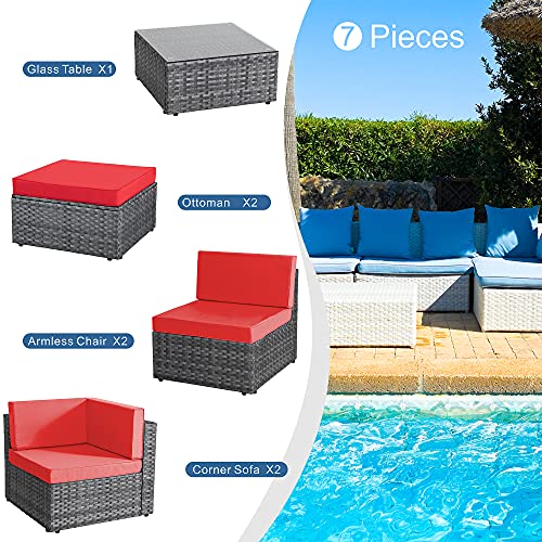 Walsunny 7pcs Patio Outdoor Furniture Sets,Low Back All-Weather Silver Gray Rattan Sectional Sofa with Tea Table&Washable Couch Cushions&Ottoman,Red
