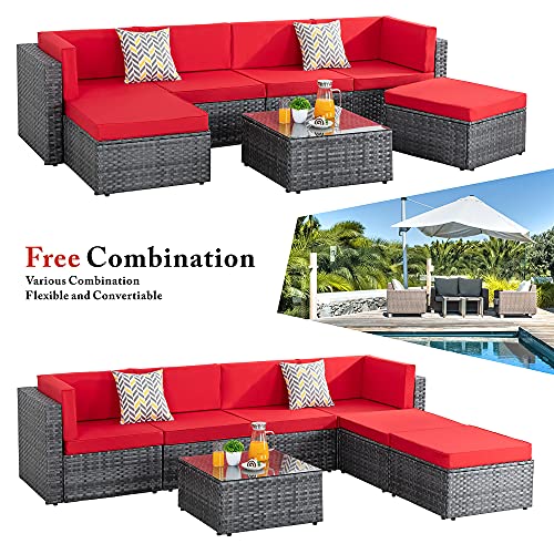 Walsunny 7pcs Patio Outdoor Furniture Sets,Low Back All-Weather Silver Gray Rattan Sectional Sofa with Tea Table&Washable Couch Cushions&Ottoman,Red