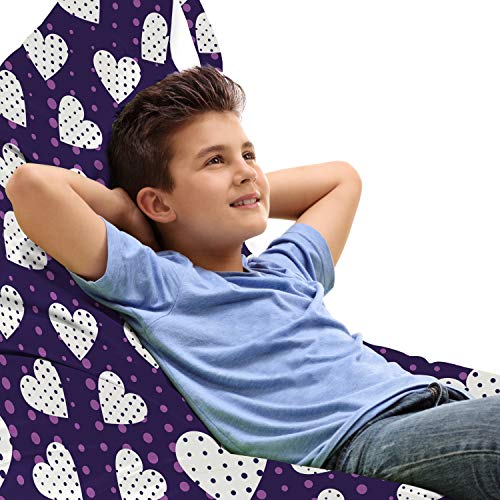 Lunarable Retro Lounger Chair Bag, Vintage Valentine's Day Hearts Love Theme on Classic Polka Dots Romantic Girls, High Capacity Storage with Handle Container, Lounger Size, Dark Purple White