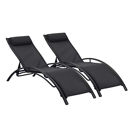 Ainfox Outdoor Chaise Lounge Chairs, Patio Adjustable Lounge Chairs Set of 2, Beach Pool Sunbathing Lawn Lounger Recliner Chair with Armrest and Removable Cushions(Black)