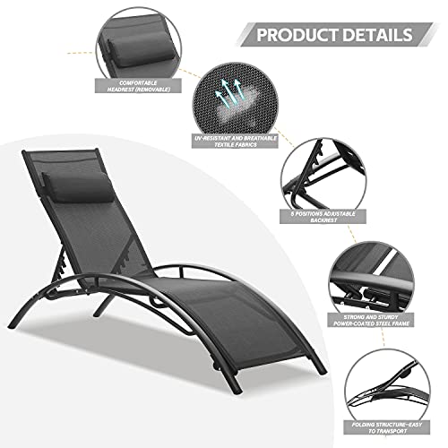 Ainfox Outdoor Chaise Lounge Chairs, Patio Adjustable Lounge Chairs Set of 2, Beach Pool Sunbathing Lawn Lounger Recliner Chair with Armrest and Removable Cushions(Black)
