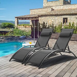 Ainfox Outdoor Chaise Lounge Chairs, Patio Adjustable Lounge Chairs Set of 2, Beach Pool Sunbathing Lawn Lounger Recliner Chair with Armrest and Removable Cushions(Black)