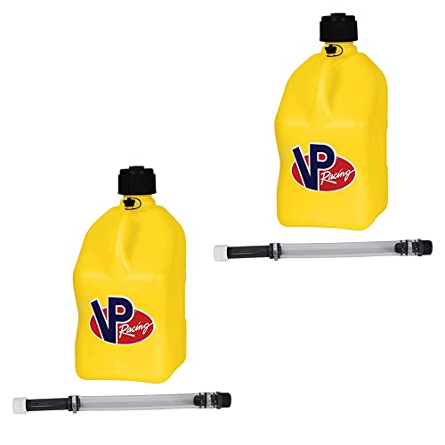 VP Racing Fuels Motorsport 5 Gallon Square Plastic Utility Jug Yellow w/ 14 Inch Hose (2 Pack) Features Close-Trimmed Cap and Neck for Tight Seal