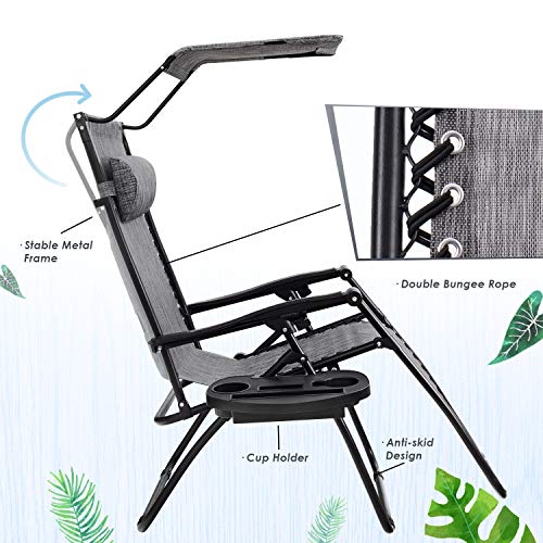 Homall Zero Gravity Chair Patio Lawn Chair Lounge Chair Folding Recliner Adjustable Outdoor with Canopy Shade,Cup Holder (Grey)