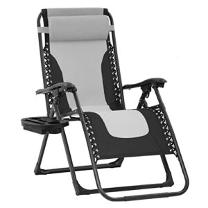 fdw oversized padded zero gravity chair lounge chair outdoor patio recliner with cup holder adjustable headrest for patio pool deck camping support 380lbs (1, grey)