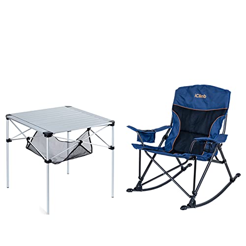 iClimb 1 Folding Square Table and 1 Padded Rocking Folding Chair Buddle for Two Person Camping Patio Porch Backyard Lawn Garden Balcony Indoor Outdoor