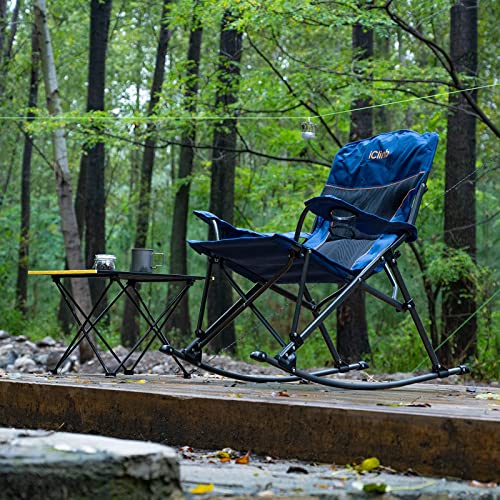 iClimb 1 Folding Square Table and 1 Padded Rocking Folding Chair Buddle for Two Person Camping Patio Porch Backyard Lawn Garden Balcony Indoor Outdoor