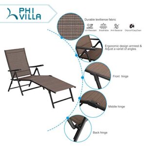 PHI VILLA 5 Stages Adjustable Patio Folding Lounge Chair Metal Outdoor Sling Fabric Recliner Chaise for Beach Yard Pool, 2 Pack,Brown