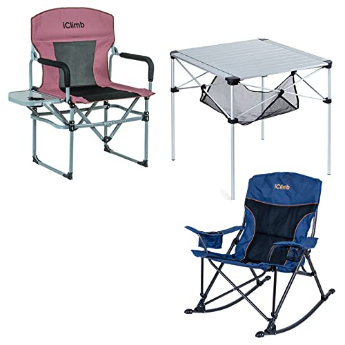 iClimb 1 Padded Rocking Folding Chair and 1 Heavy Duty Compact Folding Chair and 1 Folding Square Table Bundle for Two Person Camping Patio Porch Backyard Lawn Garden Balcony Indoor Outdoor