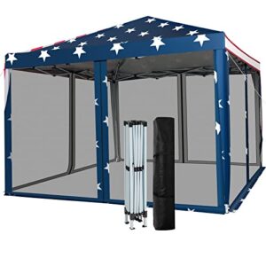 tangkula 10×10 ft pop-up canopy tent, outdoor canopy tent with carry bag, waterproof screen house room tent with netting for camping, backyard, wedding, american flag printing