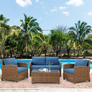 ECOTOUGE Rattan Coffee Table, Wicker Patio Tea Table, Rattan Patio Coffee Tables w/Glass Top