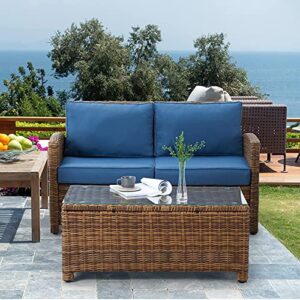 ECOTOUGE Rattan Coffee Table, Wicker Patio Tea Table, Rattan Patio Coffee Tables w/Glass Top