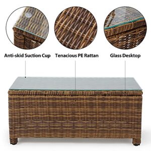 ECOTOUGE Rattan Coffee Table, Wicker Patio Tea Table, Rattan Patio Coffee Tables w/Glass Top