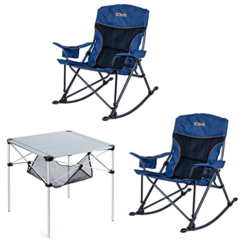 iClimb 2 Padded Rocking Folding Chair and 1 Folding Square Table Bundle for Two Person Camping Patio Porch Backyard Lawn Garden Balcony Indoor Outdoor