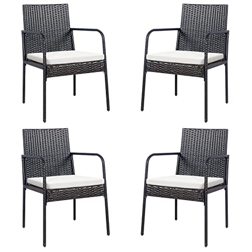 RELAX4LIFE Set of 4 Outdoor Dining Chairs, All-Weather PE Rattan Patio Chairs with Comfy Cushions, Outside Rattan Arm Chairs for Backyard, Poolside and Garden Lawn Chairs Set