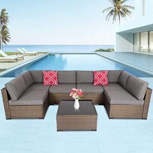 kinbor outdoor patio furniture set – 7 pieces outdoor sectional sofa, pe rattan wicker patio couch, conversation set with coffee table, cushions for porch, backyard, pool, deck, dark grey